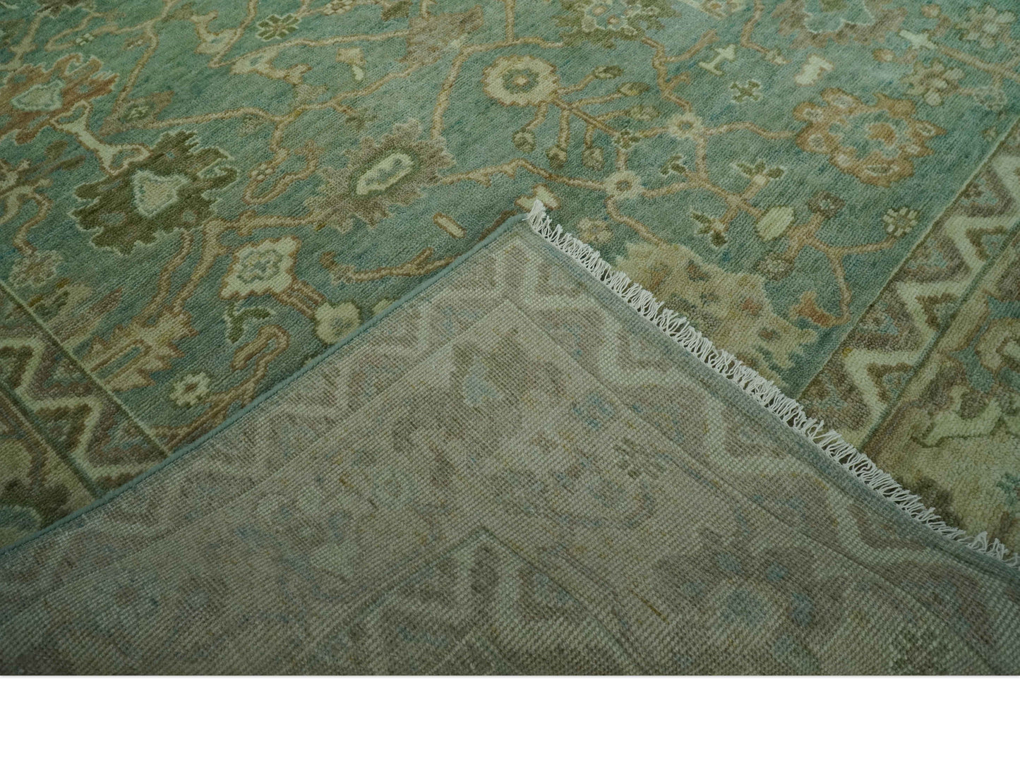 Antique design Green and Beige Traditional Oriental Oushak Custom Made wool area rug