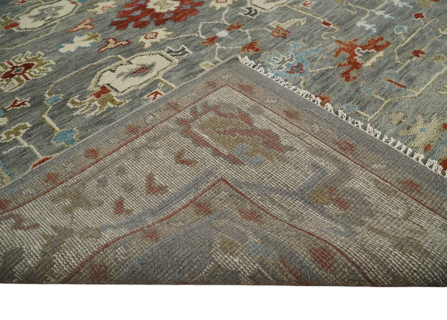 Hand Knotted Living Room Rug Charcoal, Red and Beige Traditional Vintage Style Custom Made Wool Area Rug