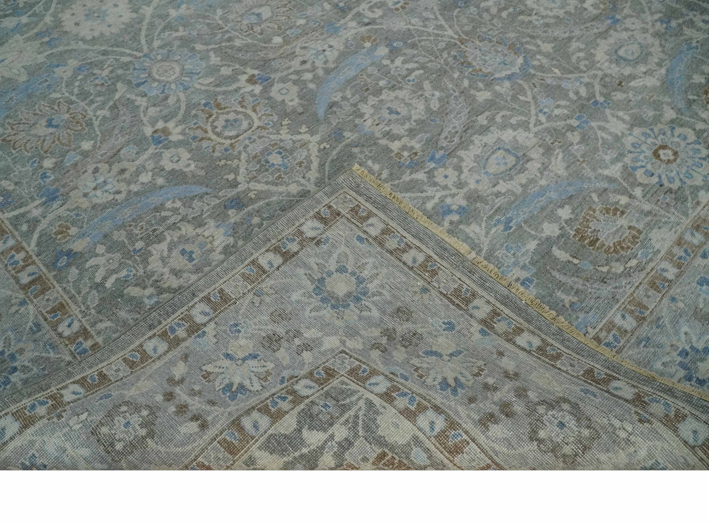 Antique Style Blue, Gray and Beige Hand knotted Classic Distressed Finished Custom Made wool Area Rug