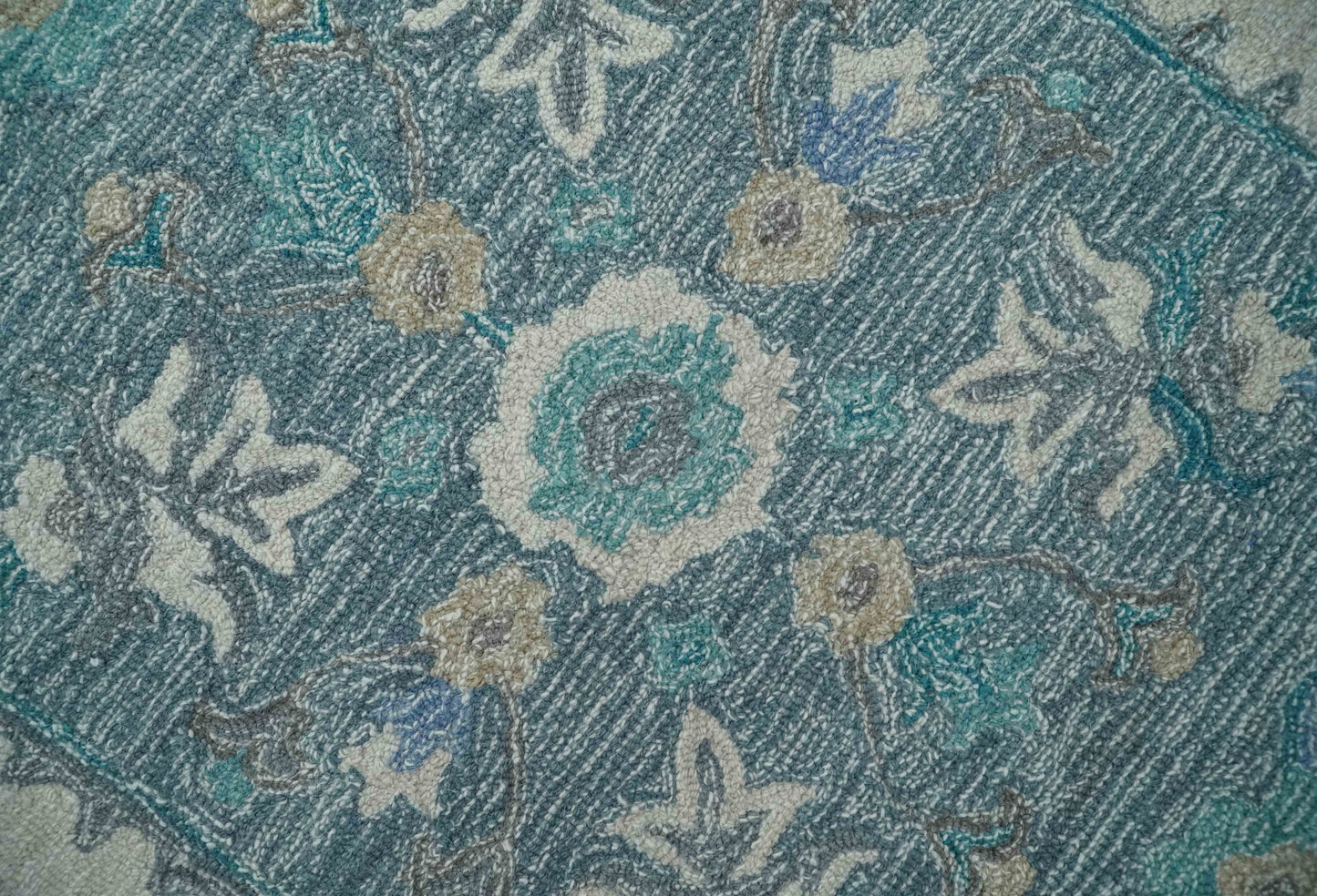 French Design Aubusson Custom Made Ivory and Blue Hand Tufted Wool Area Rug