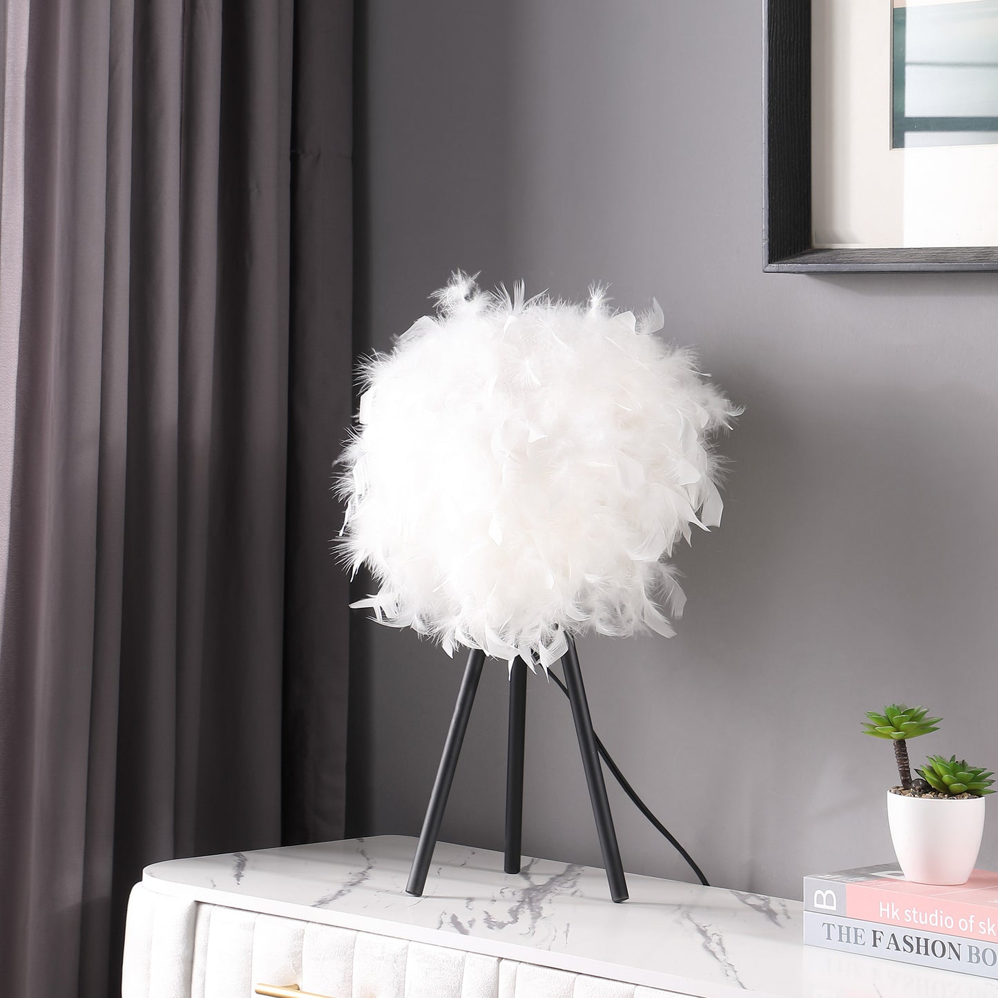 21" Black Tripod Table Lamp With Pink Faux Feather Shade