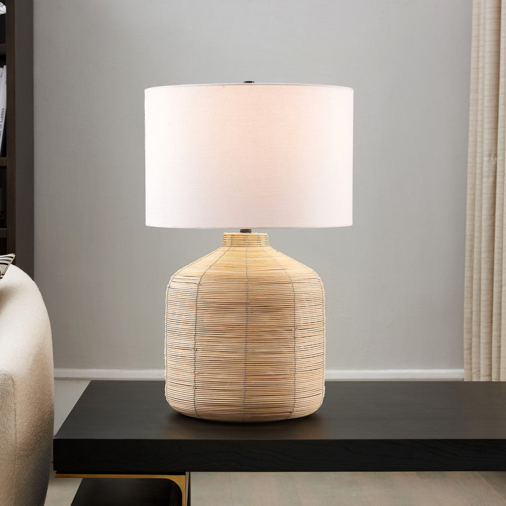 27" Natural Rattan Table Lamp With White Drum Shade