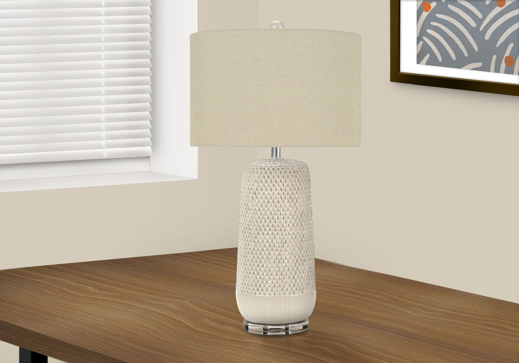 31" Cream Ceramic Geometric Table Lamp With Beige Drum Shade