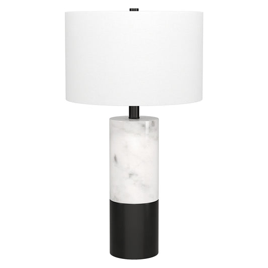 24" Black and White Marble and Metal Cylinder Table Lamp With White Drum Shade