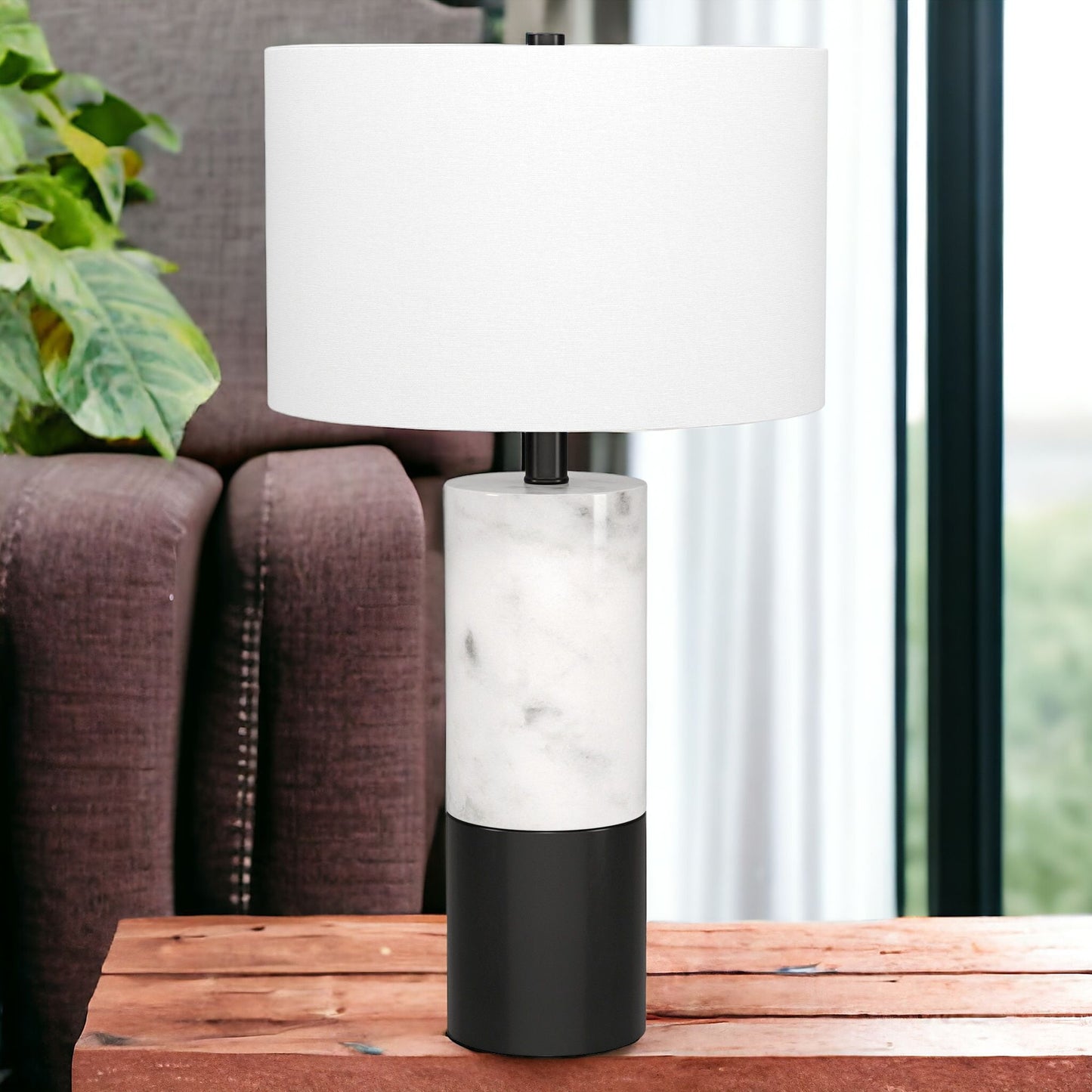 24" Black and White Marble and Metal Cylinder Table Lamp With White Drum Shade