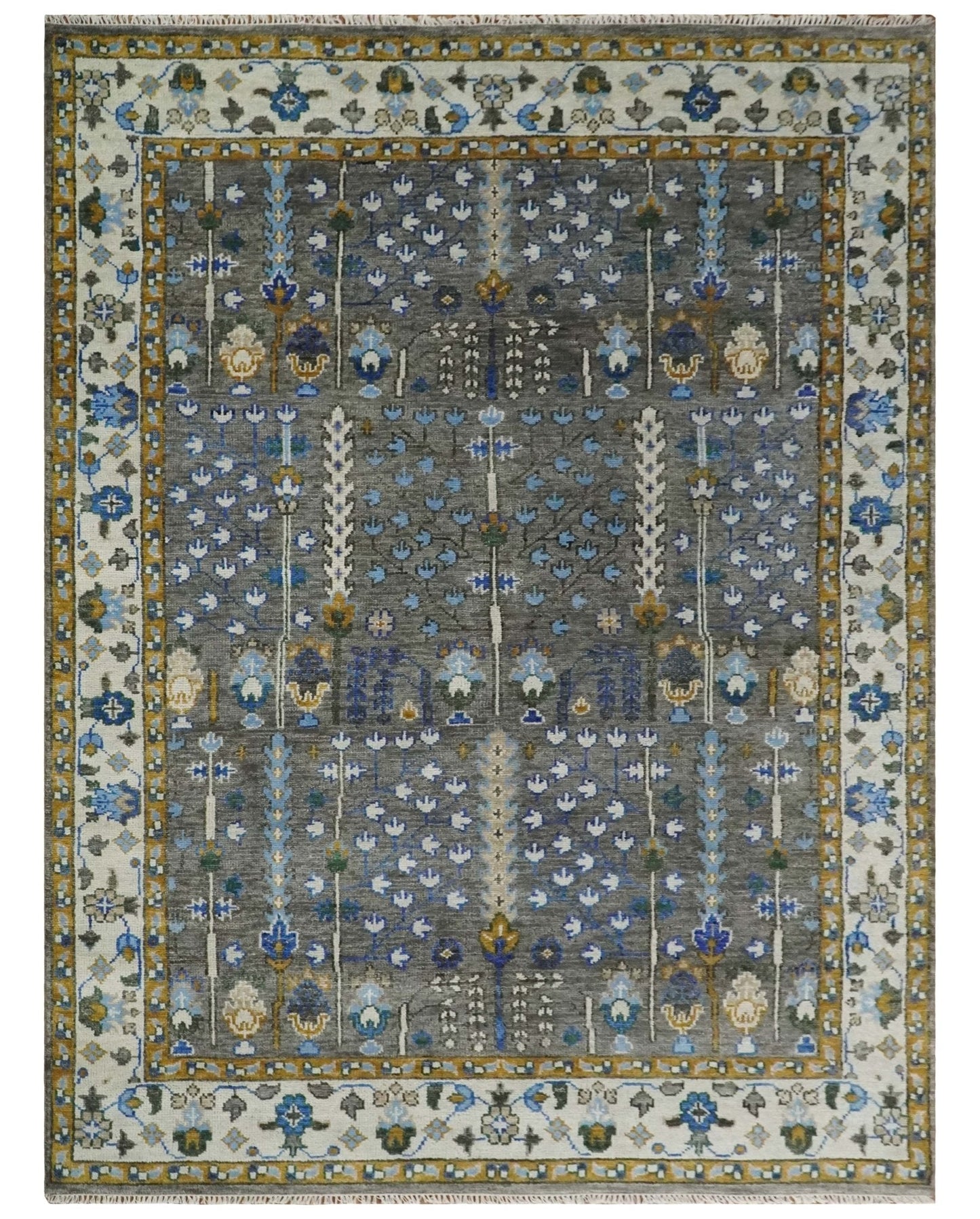 Hand Knotted Charcoal and Ivory Traditional Vintage Style Custom Made Wool Area Rug