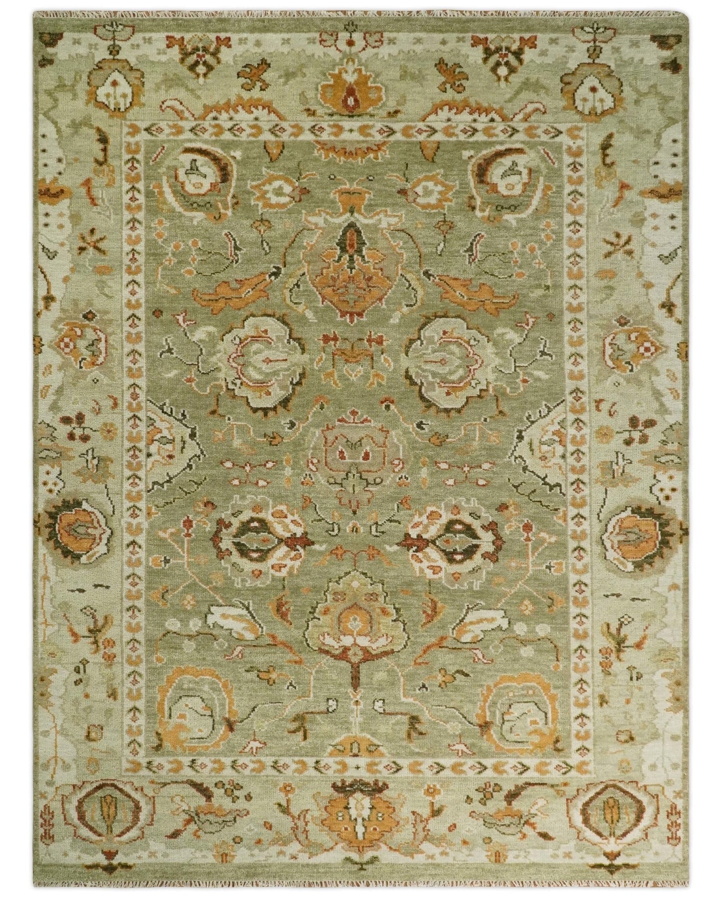 Custom Made Hand Knotted Olive and beige Traditional Vintage Style Antique Wool Rug
