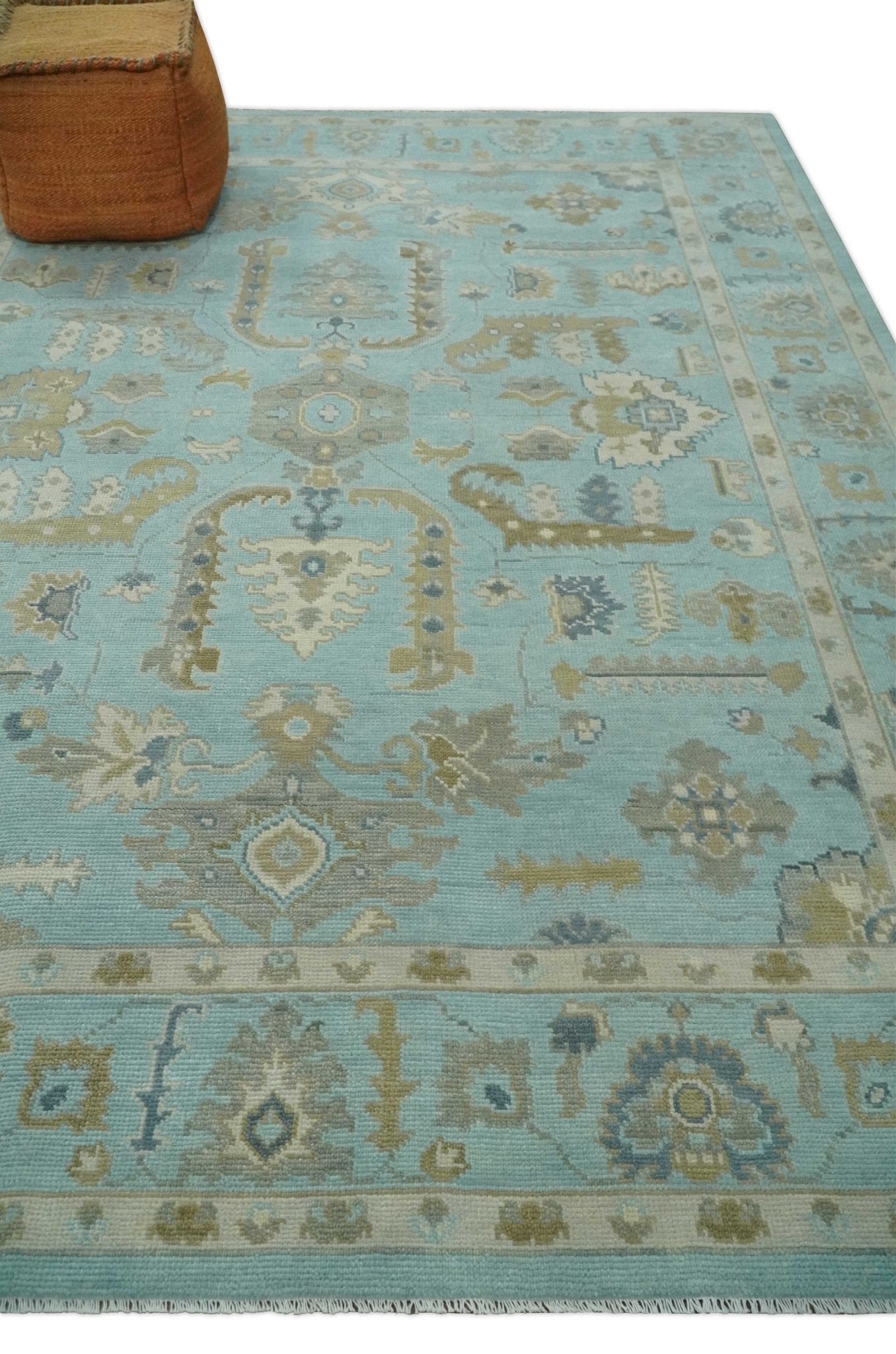 Custom Made Blue, Brown and Ivory Hand knotted Traditional Oushak Wool Rug