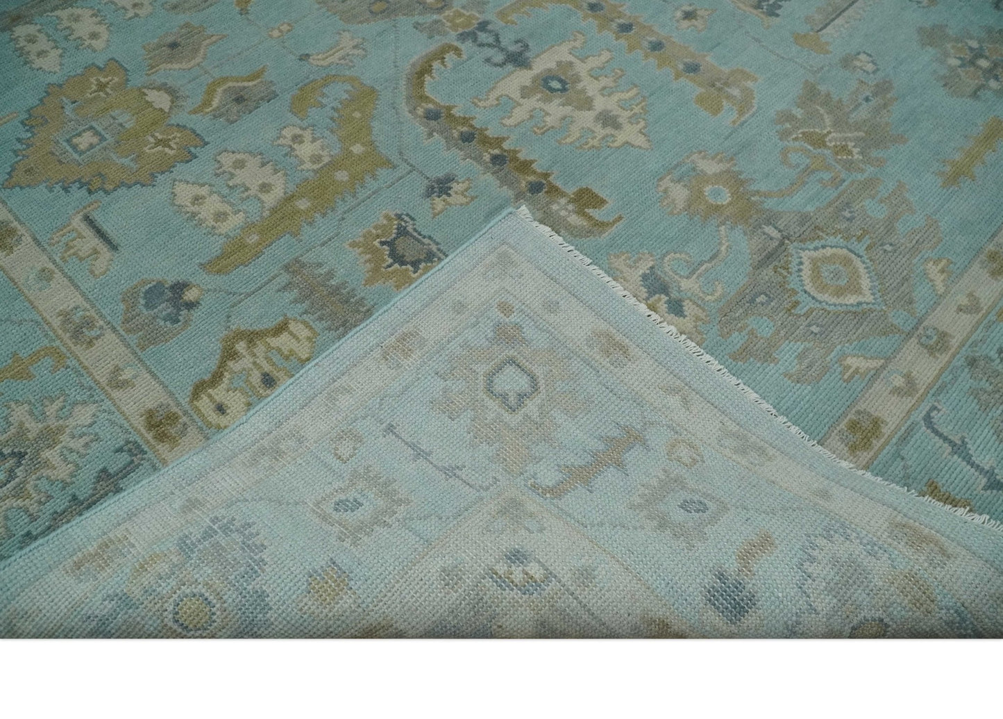 Custom Made Blue, Brown and Ivory Hand knotted Traditional Oushak Wool Rug