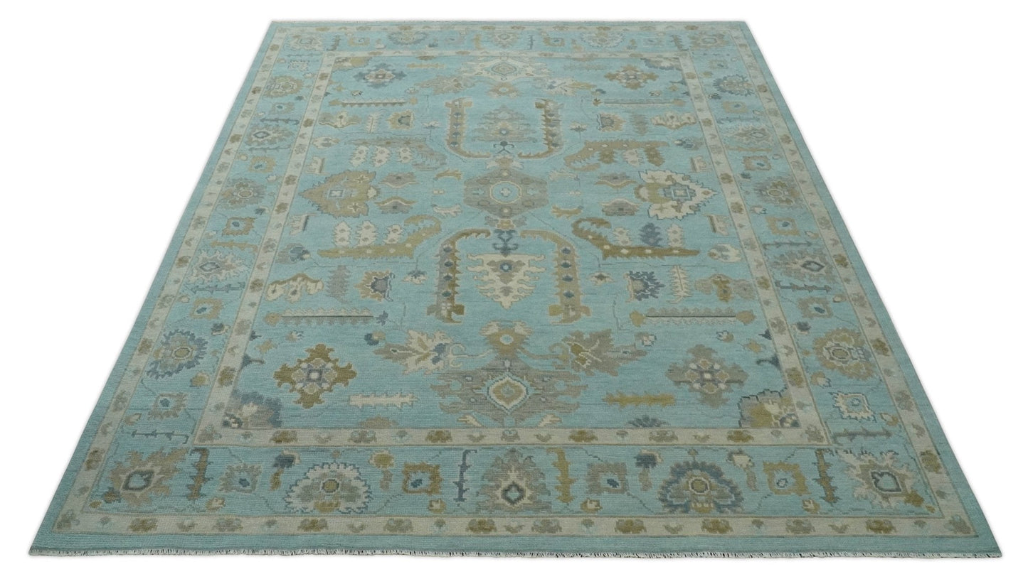 Custom Made Blue, Brown and Ivory Hand knotted Traditional Oushak Wool Rug