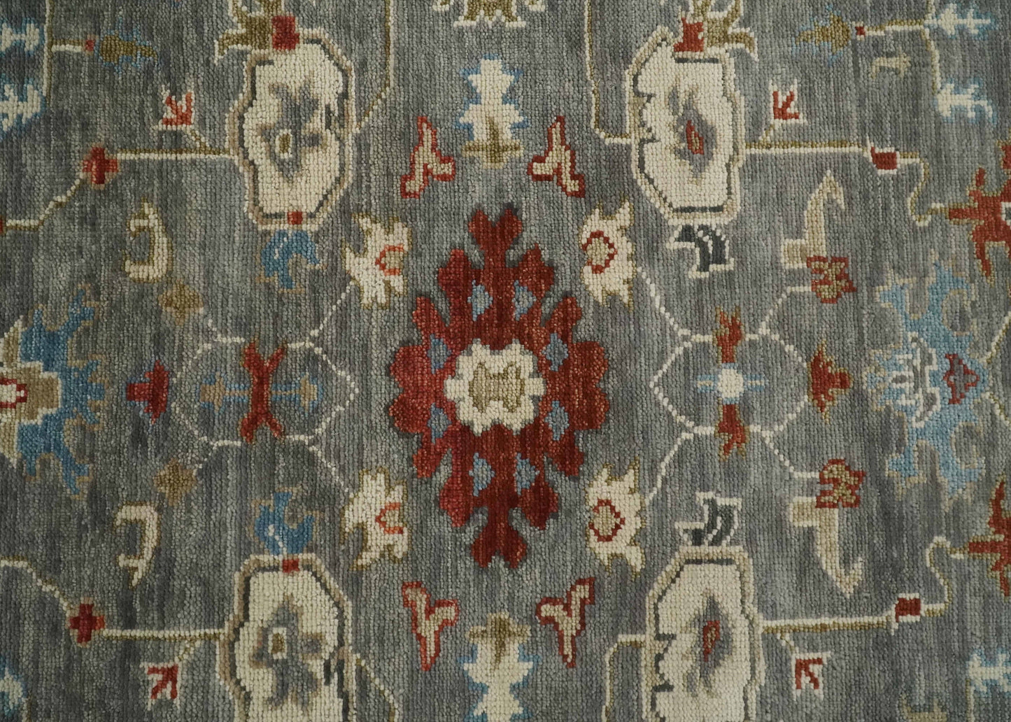 Hand Knotted Living Room Rug Charcoal, Red and Beige Traditional Vintage Style Custom Made Wool Area Rug