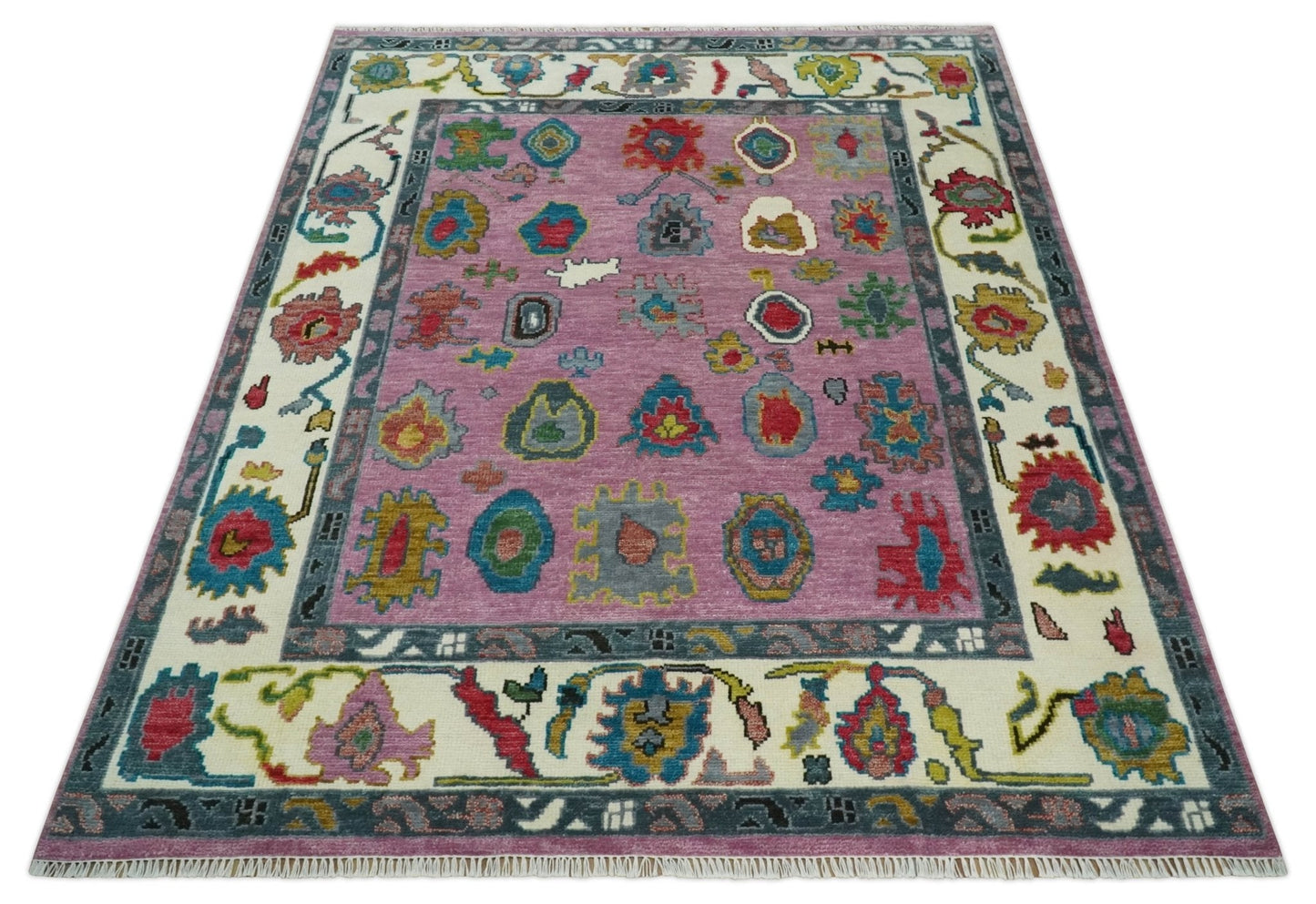 Custom Made Purple and Ivory Vibrant Colorful Hand knotted Traditional Oushak wool Area Rug