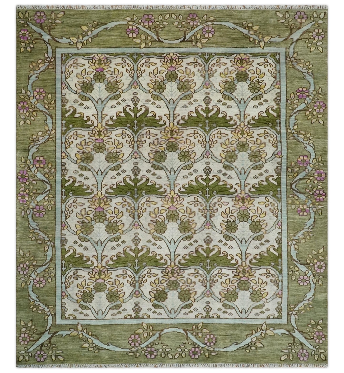 Custom Made Hand Knotted Ivory and Green Floral Traditional Antique Style Wool Area Rug