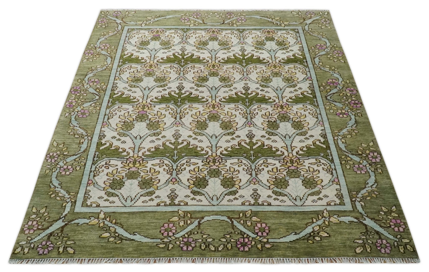 Custom Made Hand Knotted Ivory and Green Floral Traditional Antique Style Wool Area Rug