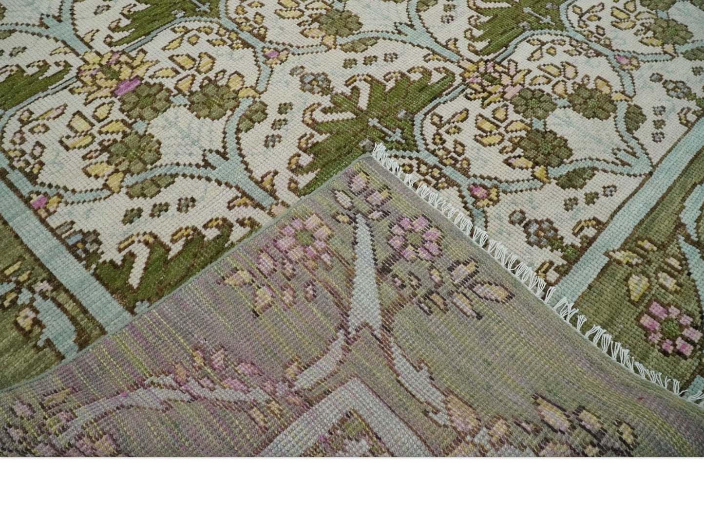 Custom Made Hand Knotted Ivory and Green Floral Traditional Antique Style Wool Area Rug