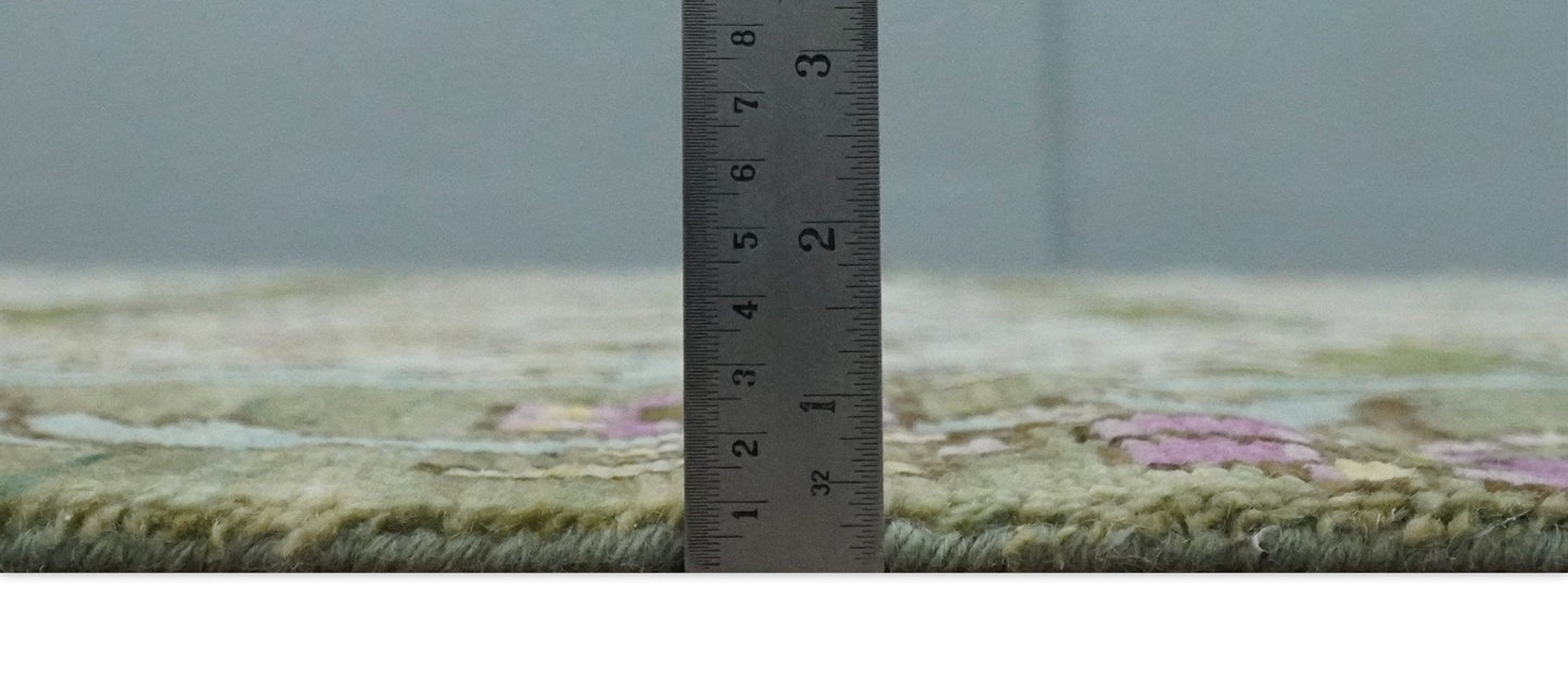 Custom Made Hand Knotted Ivory and Green Floral Traditional Antique Style Wool Area Rug