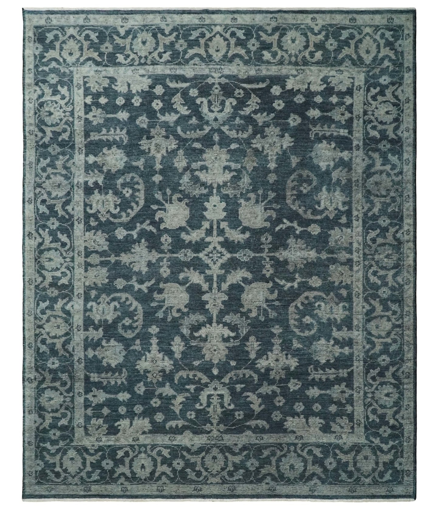 Antique Floral Distressed finished Hand Knotted Serapi Dark Teal and Beige Custom Made wool Area Rug