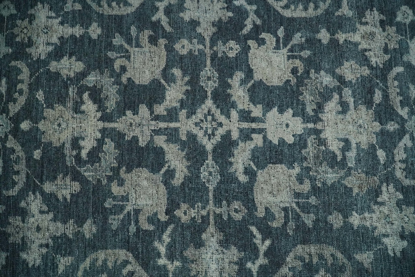 Antique Floral Distressed finished Hand Knotted Serapi Dark Teal and Beige Custom Made wool Area Rug