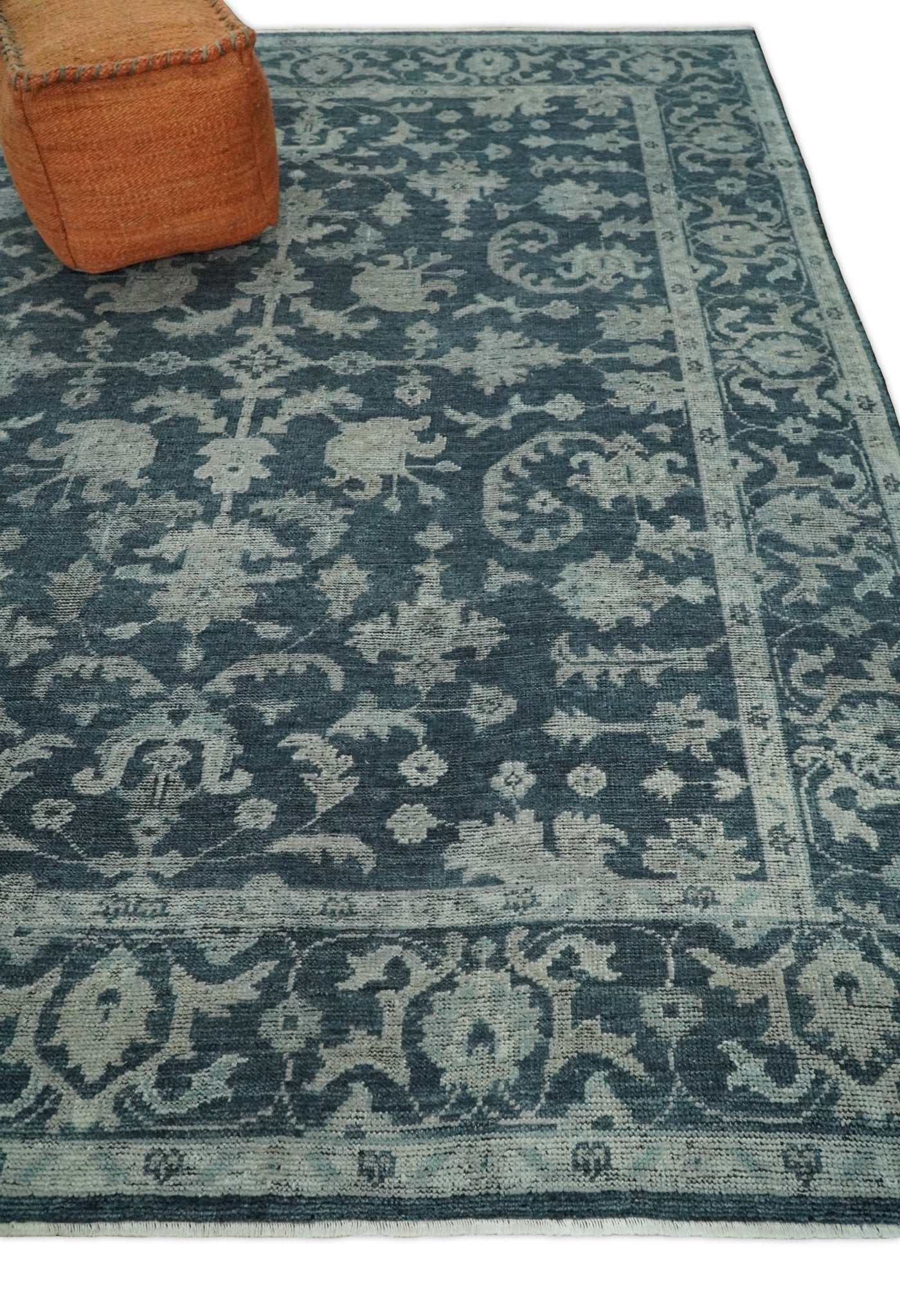 Antique Floral Distressed finished Hand Knotted Serapi Dark Teal and Beige Custom Made wool Area Rug