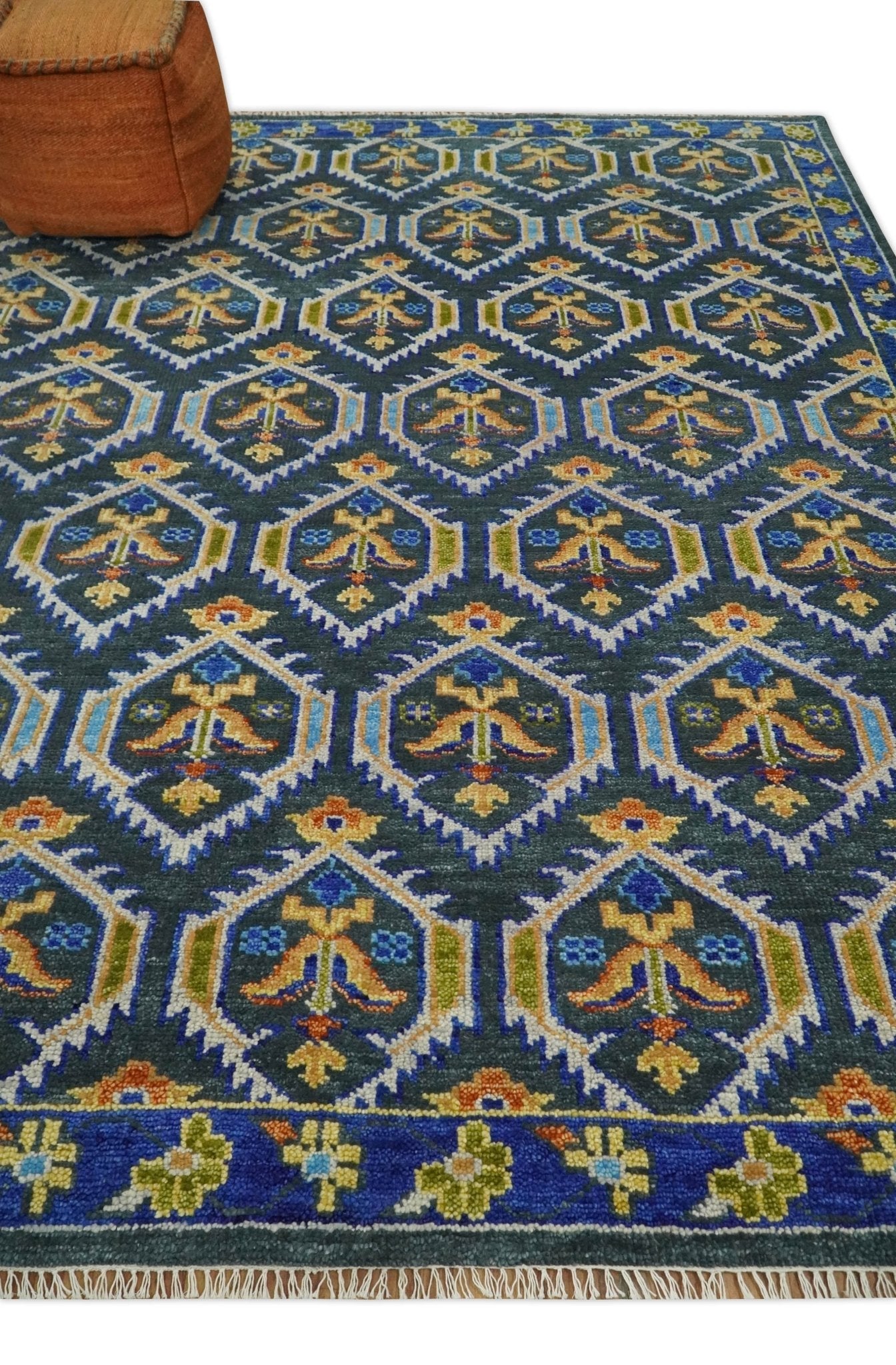 Hand Knotted Blue, Gold and Moss Green Vintage Style Custom Made wool Area Rug