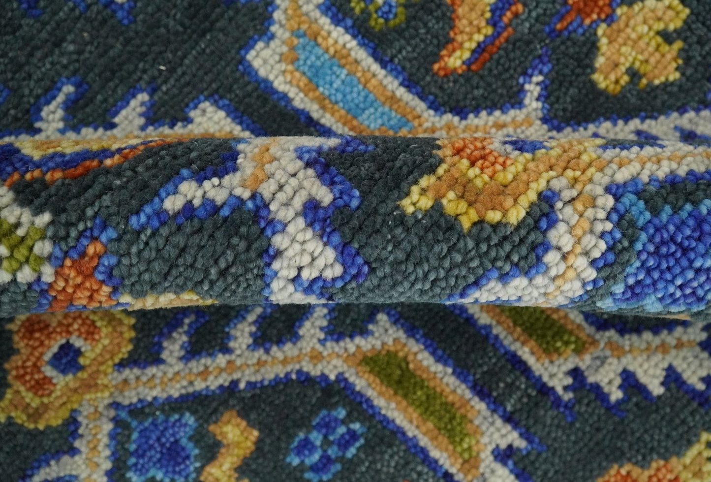 Hand Knotted Blue, Gold and Moss Green Vintage Style Custom Made wool Area Rug