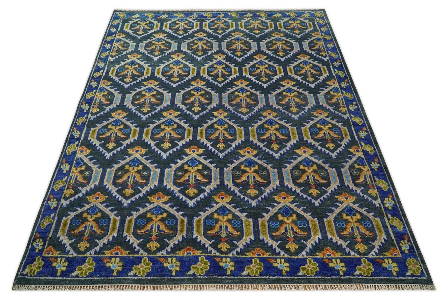 Hand Knotted Blue, Gold and Moss Green Vintage Style Custom Made wool Area Rug
