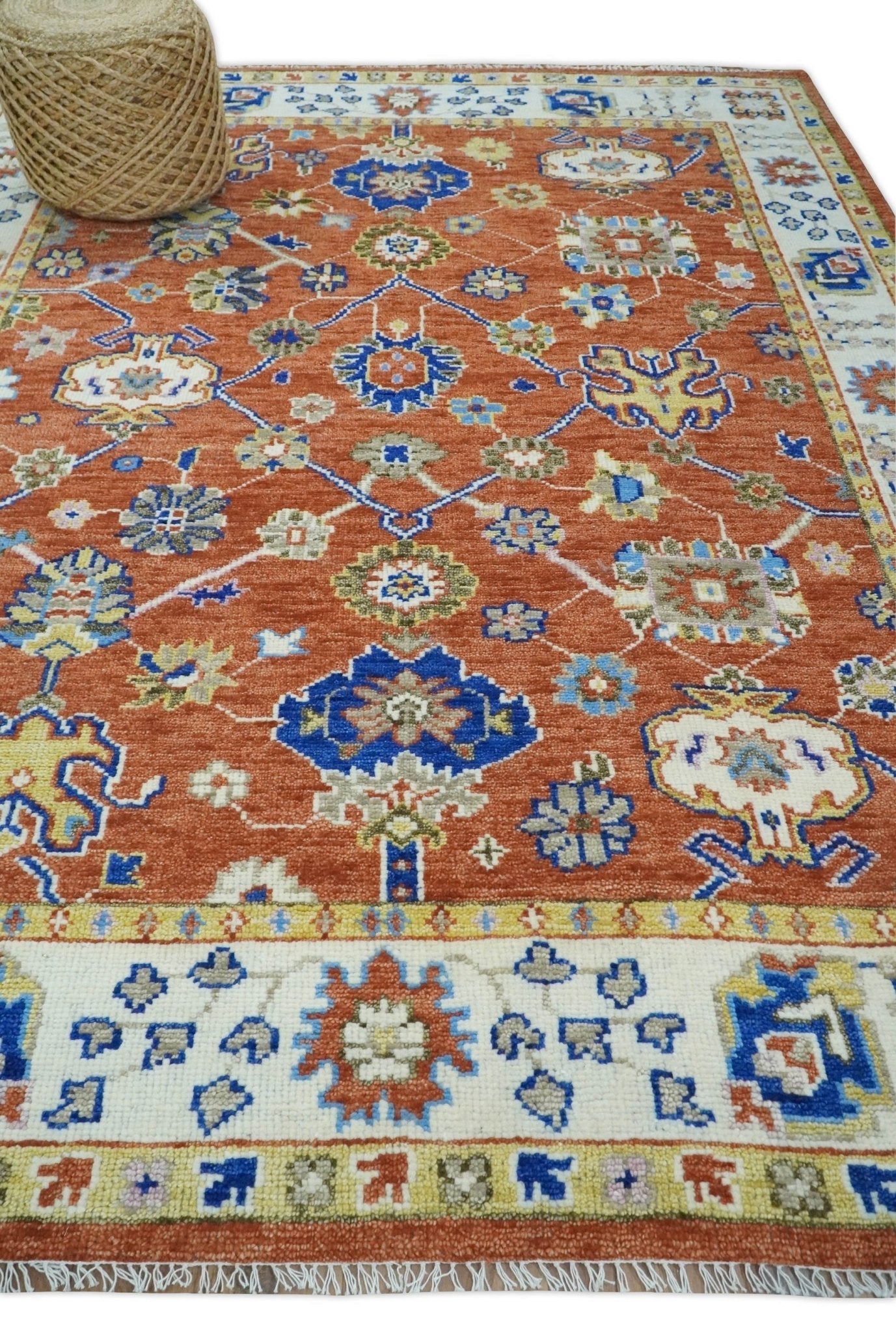 Rust, Ivory and Blue Hand Knotted Oriental Oushak Custom Made wool Area Rug