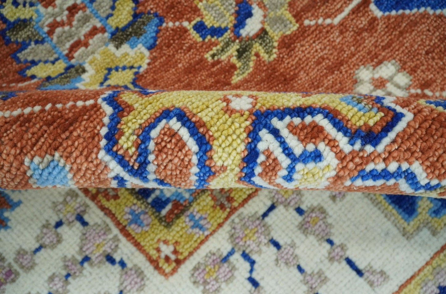 Rust, Ivory and Blue Hand Knotted Oriental Oushak Custom Made wool Area Rug
