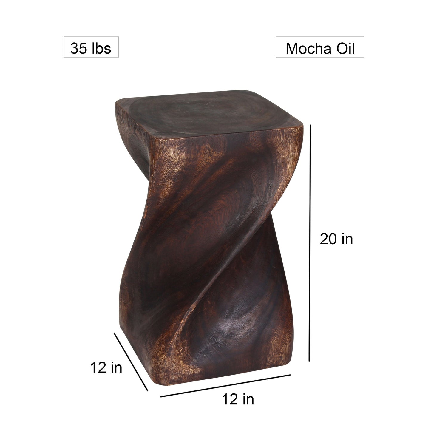 Big Twist Wood Stool Accent Table 12 in SQ x 20 in H Mocha Oil