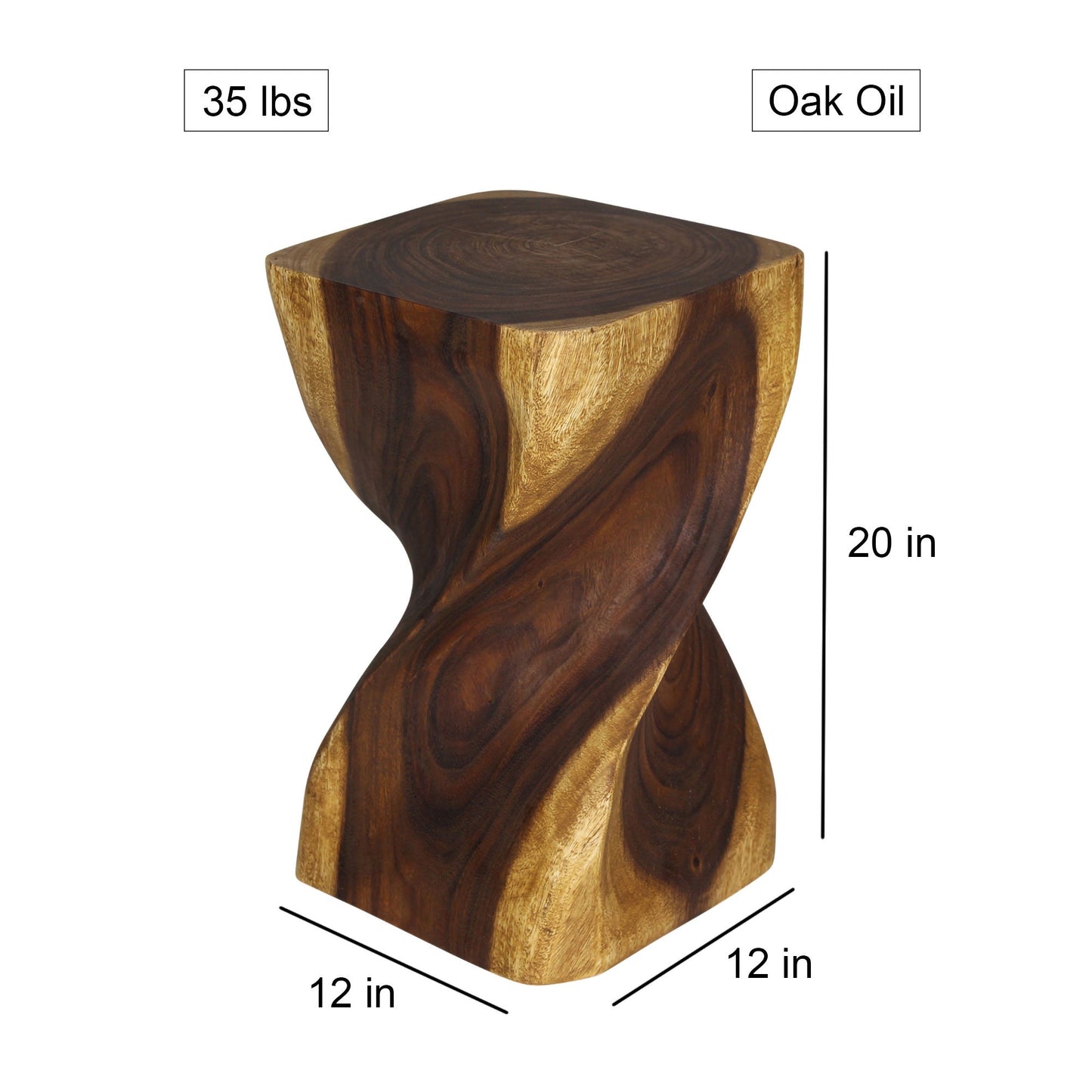 Big Twist Wood Stool Accent Table 12 in SQ x 20 in H Oak Oil