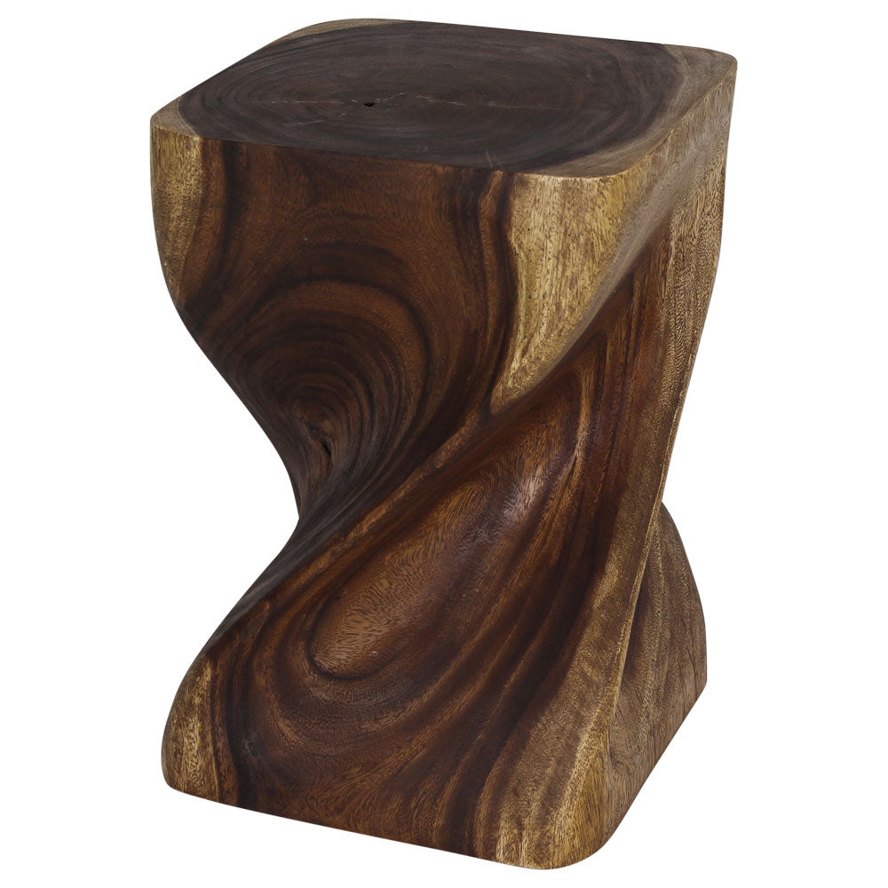 Big Twist Wood Stool Accent Table 14 in SQ x 20 in H Antique Oak Oil