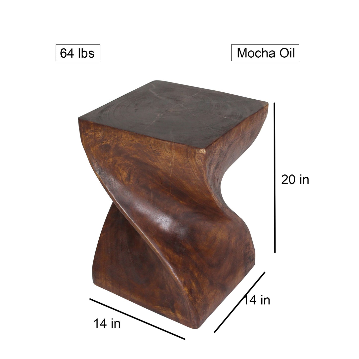 Big Twist Wood Stool Accent Table 14 in SQ x 20 in H Mocha Oil