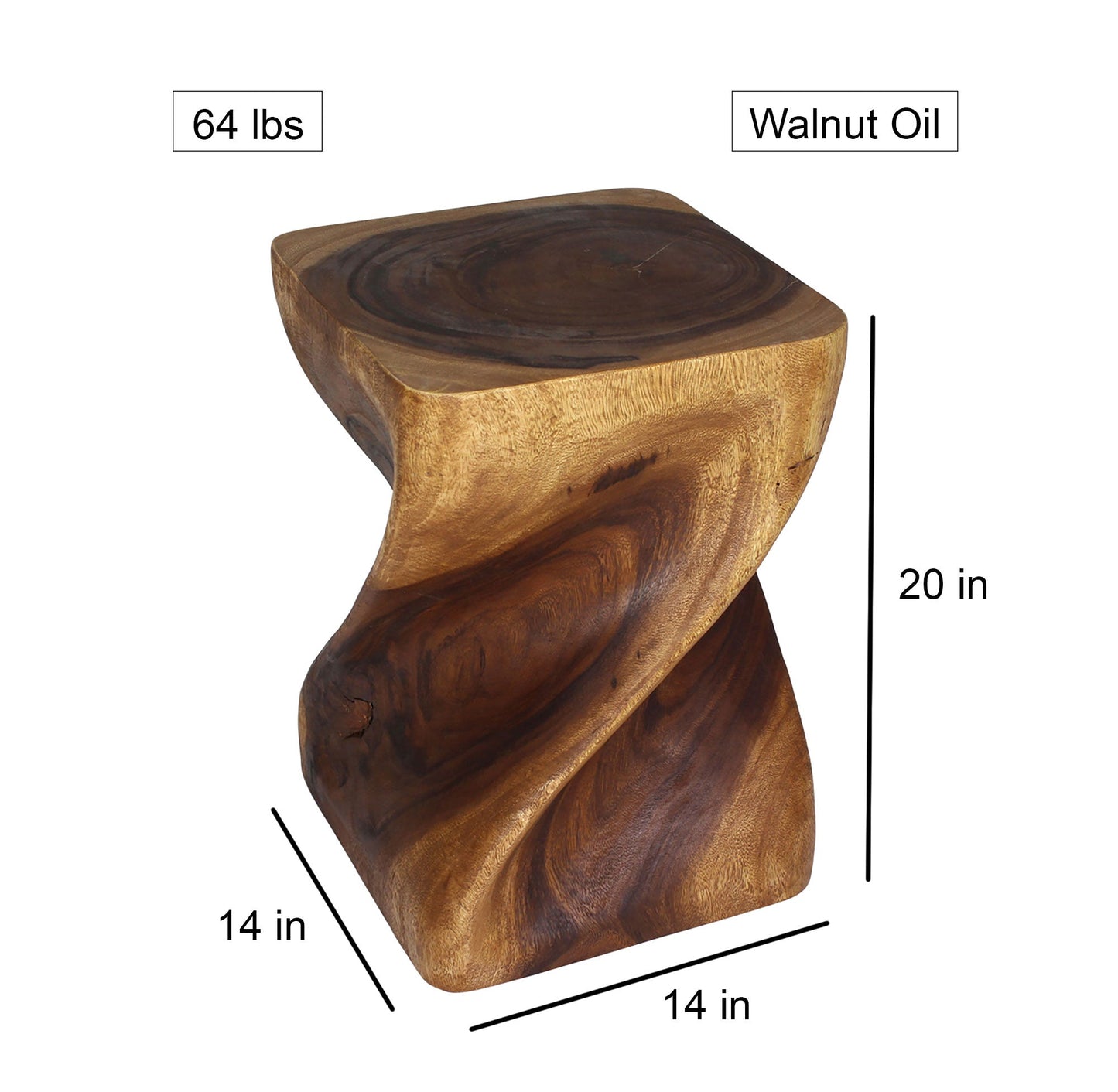 Big Twist Wood Stool Accent Table 14 in SQ x 20 in H Walnut Oil