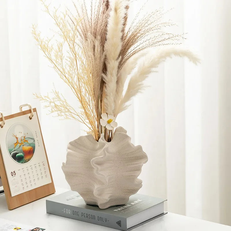 Beige Ceramic Coral Vase – Nordic Art Matte Container for Pampas Grass & Floral Decor