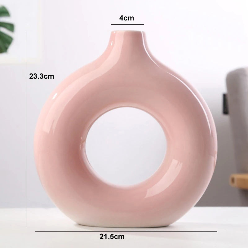 Nordic Hollow Circular Ceramic Vase – Modern Donut-Shaped Decor for Home & Office