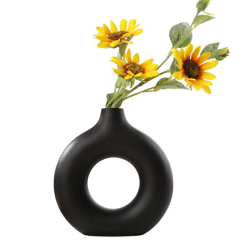 Nordic Hollow Circular Ceramic Vase – Modern Donut-Shaped Decor for Home & Office