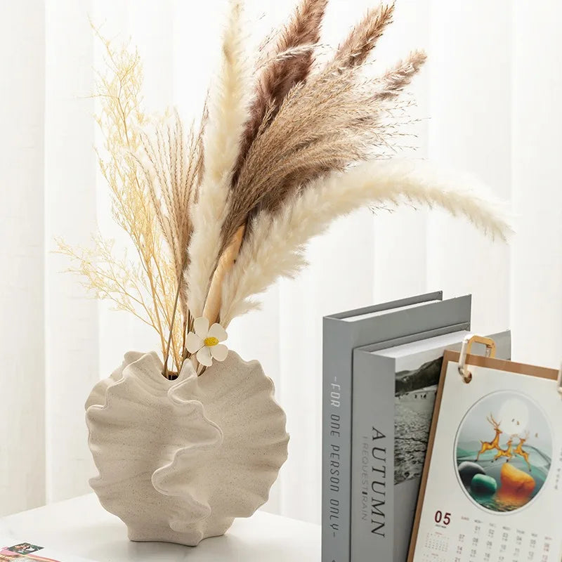 Beige Ceramic Coral Vase – Nordic Art Matte Container for Pampas Grass & Floral Decor