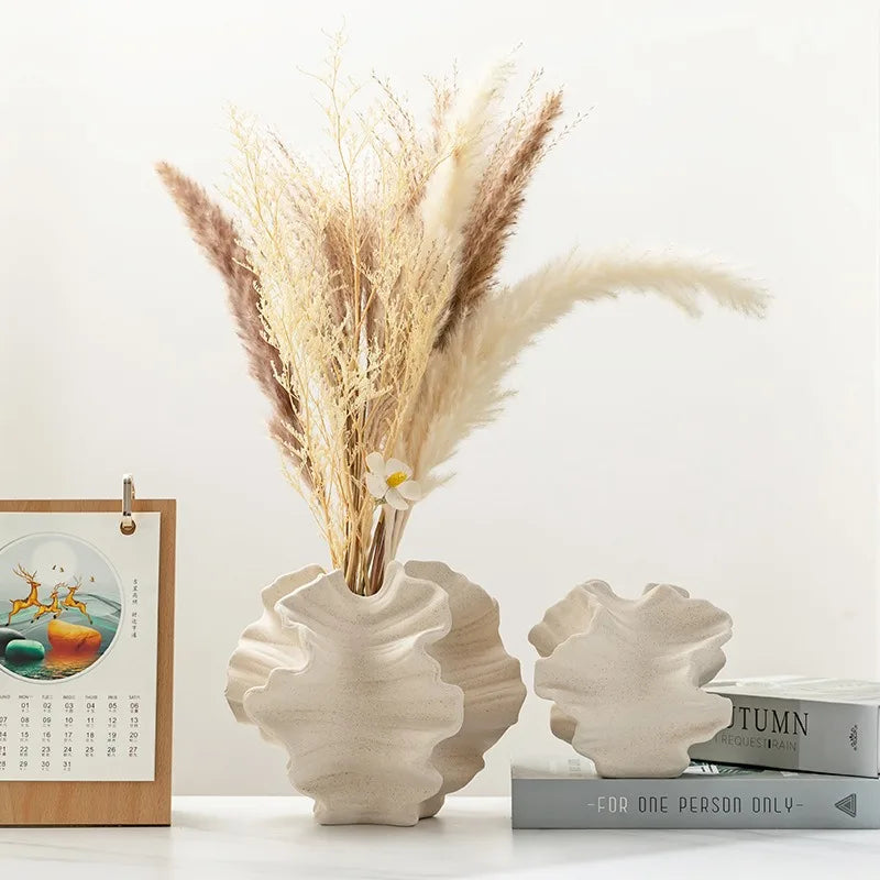 Beige Ceramic Coral Vase – Nordic Art Matte Container for Pampas Grass & Floral Decor