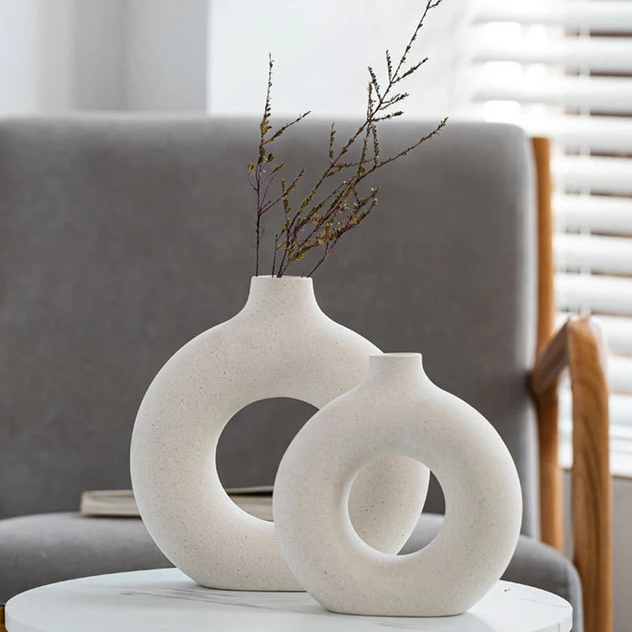 Nordic Hollow Circular Ceramic Vase – Modern Donut-Shaped Decor for Home & Office