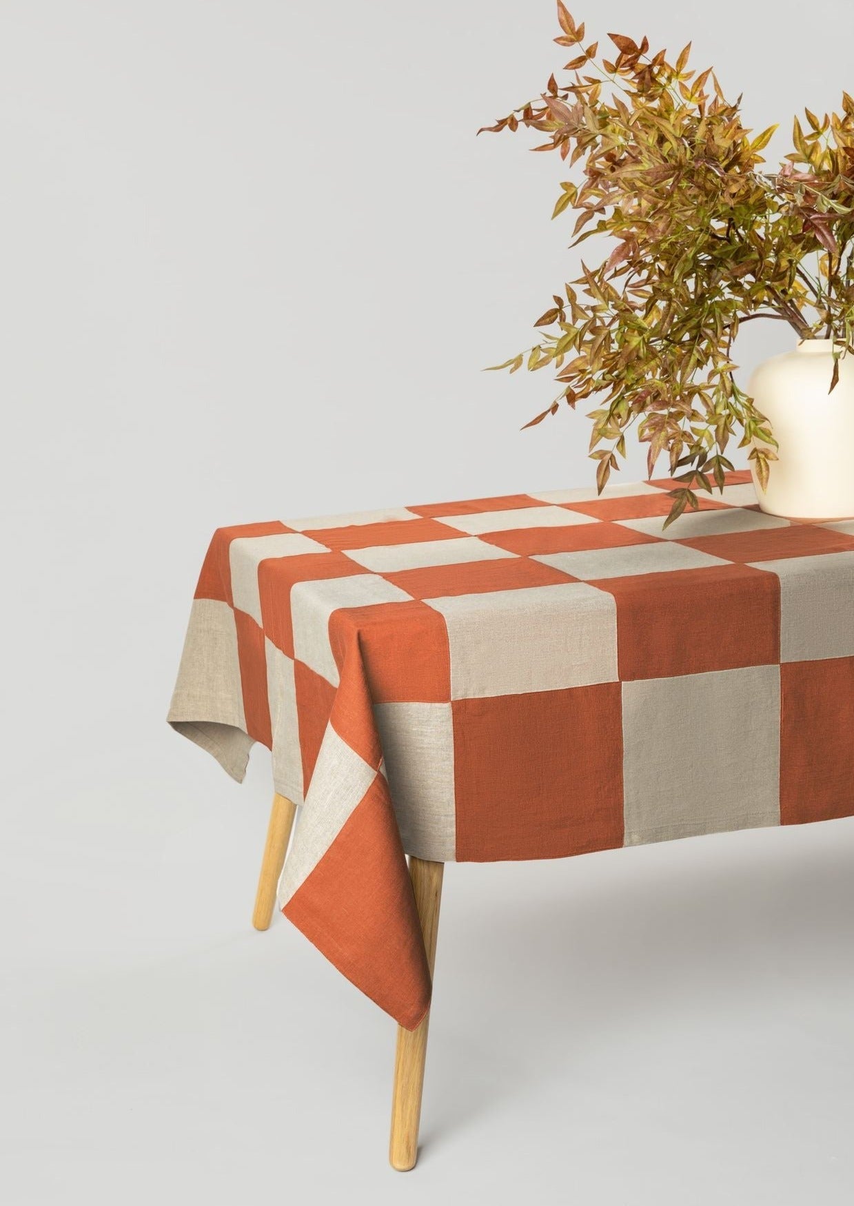 118" Long Checkered Handcrafted Linen Tablecloth