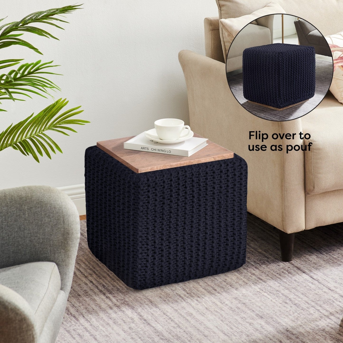 Amayah Pouf with Wooden Tray