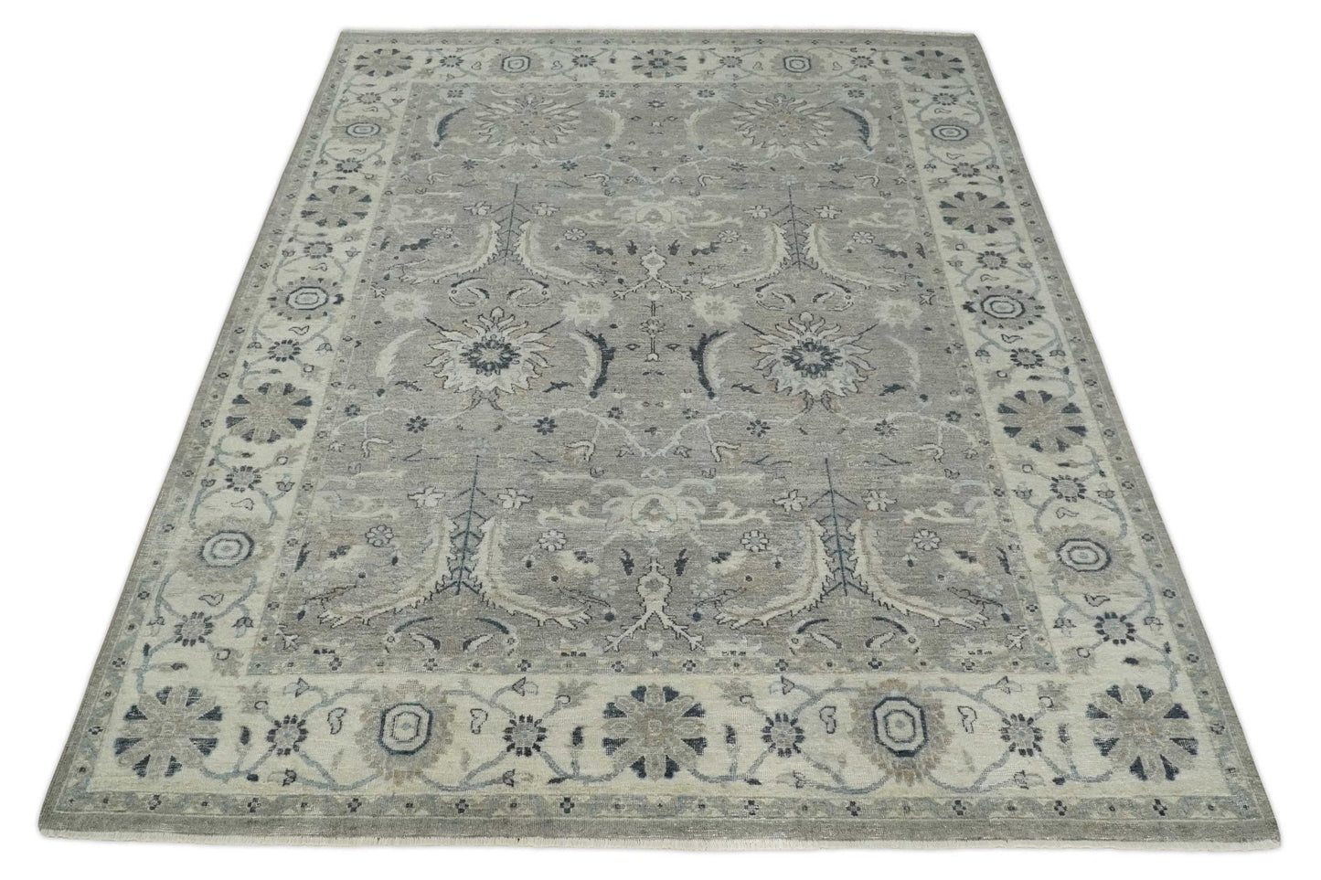Custom Made Antique Distressed Brown and Beige Hand Knotted Traditional Oriental Oushak Wool Area Rug
