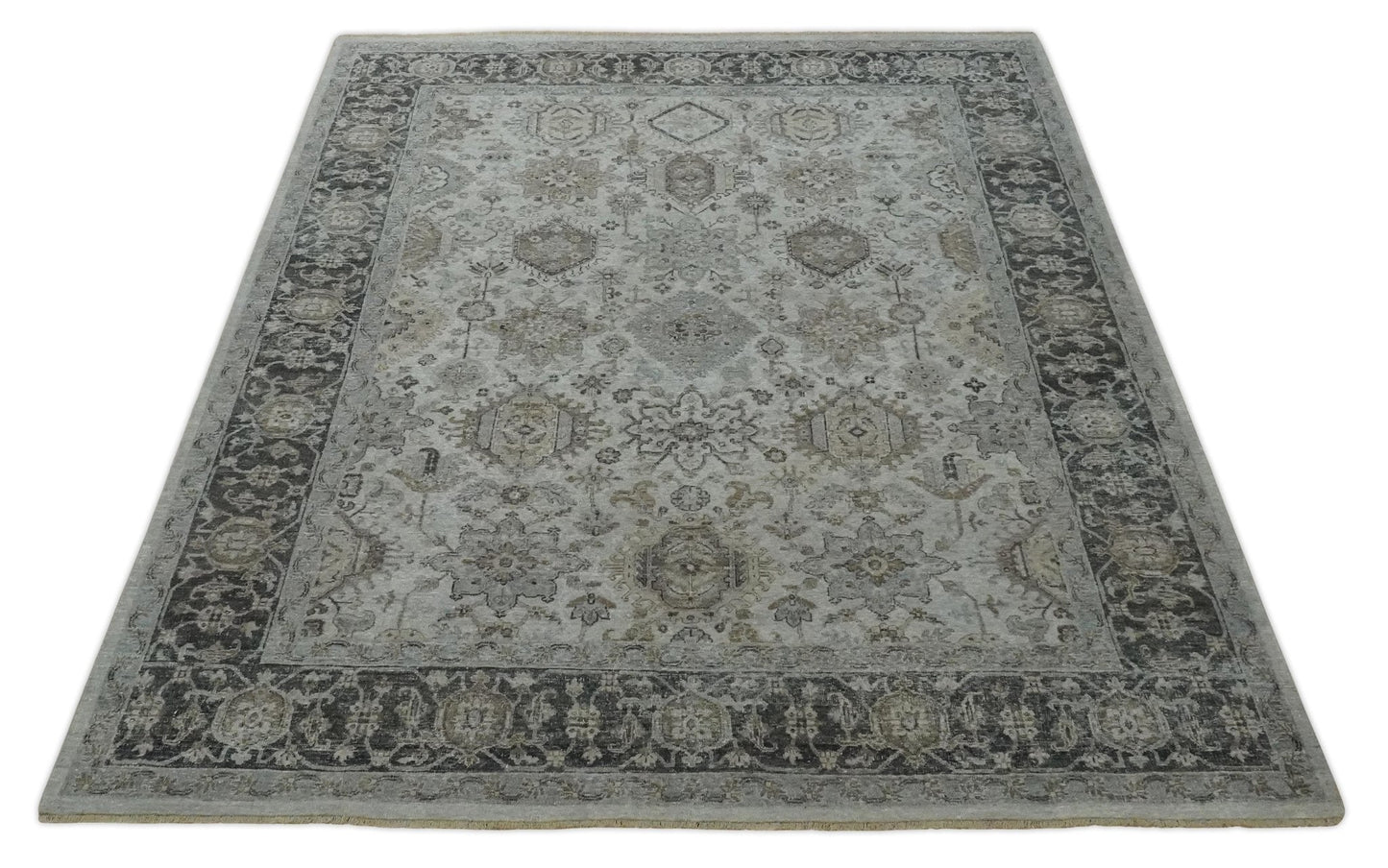 Antique Distressed finished Look Ivory, Charcoal and Beige Custom Made wool Area Rug