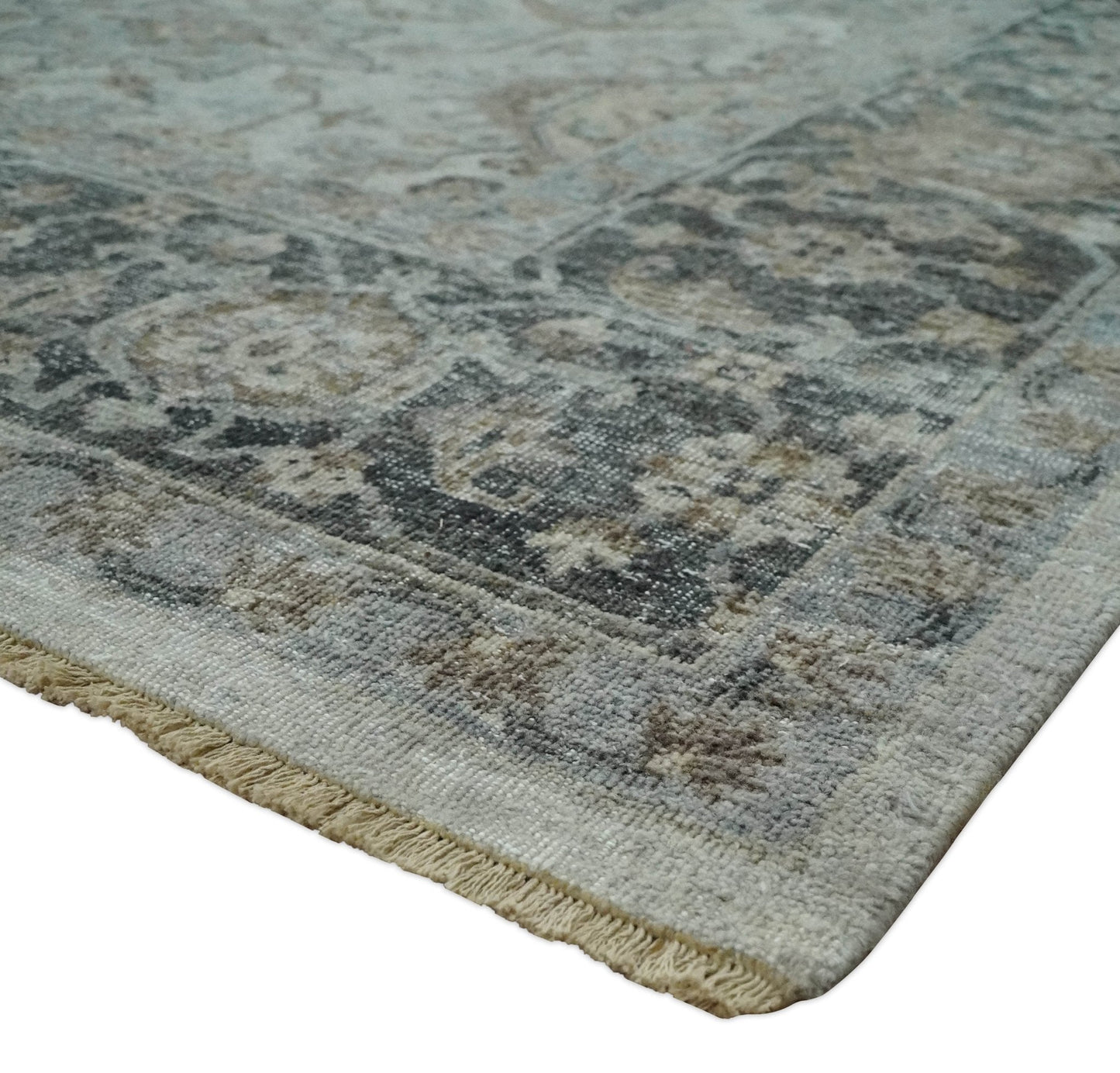 Antique Distressed finished Look Ivory, Charcoal and Beige Custom Made wool Area Rug