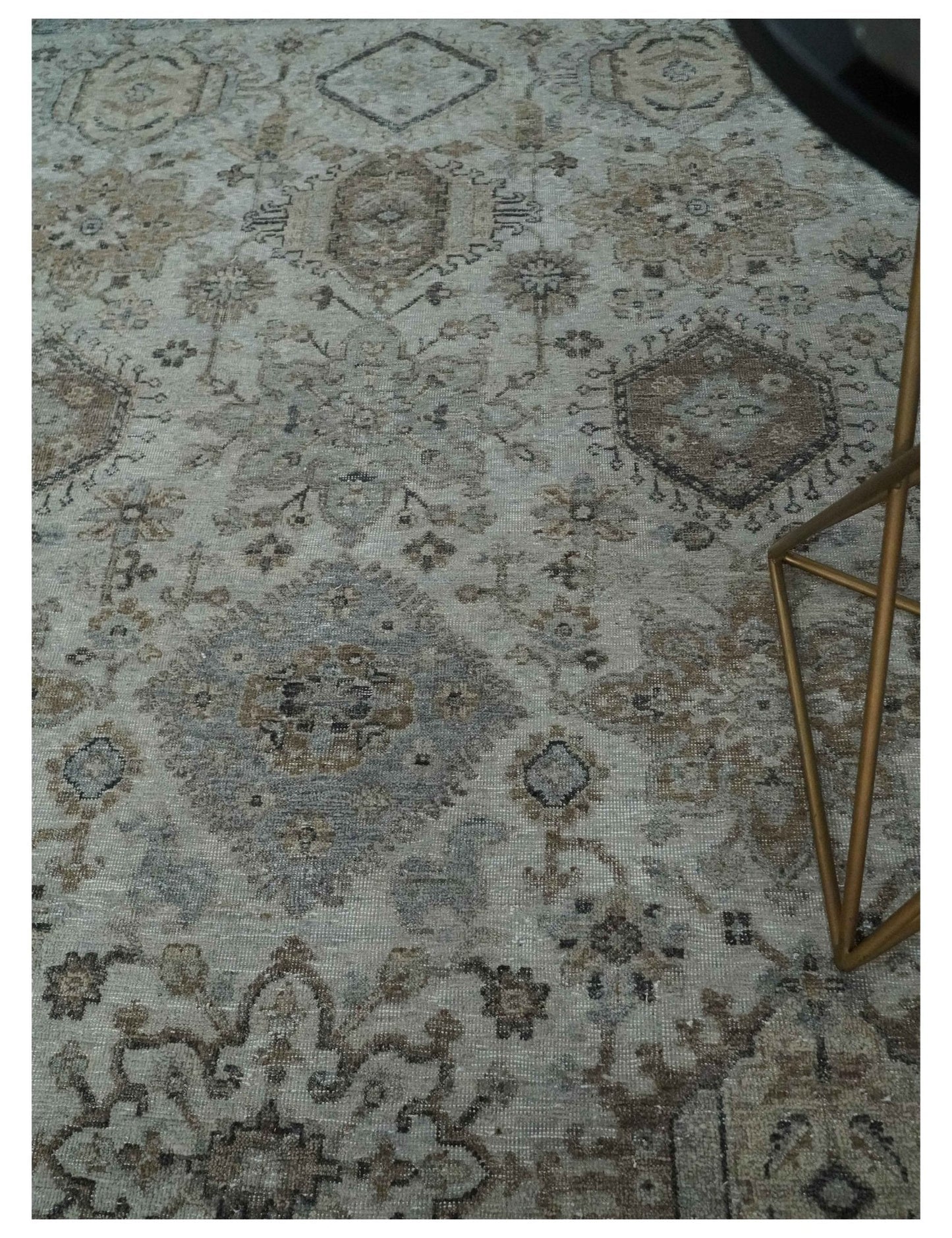 Antique Distressed finished Look Ivory, Charcoal and Beige Custom Made wool Area Rug