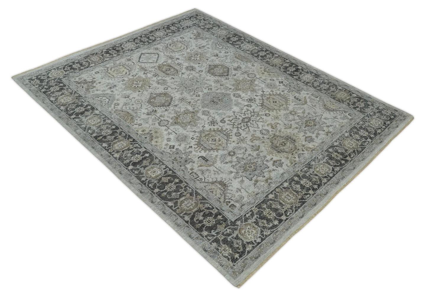 Antique Distressed finished Look Ivory, Charcoal and Beige Custom Made wool Area Rug