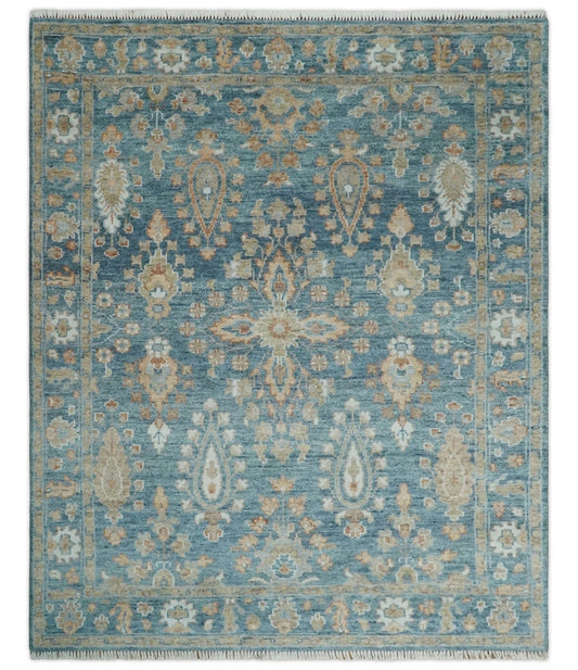 Custom Made Antique Hand Knotted Blue and Beige Traditional Oushak Wool Area Rug