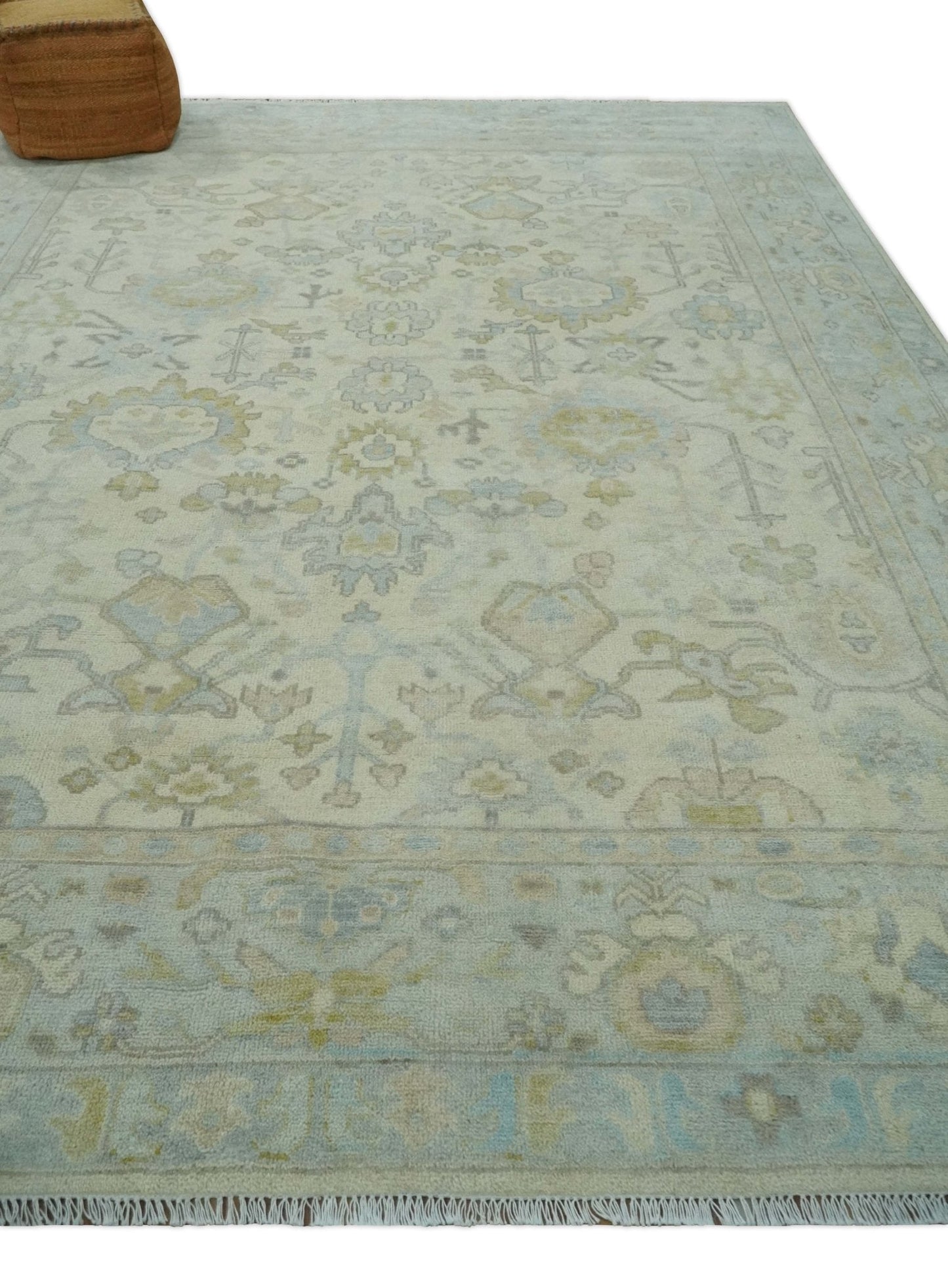 Antique look Beige and Gray Hand knotted Custom Made Oushak wool Area Rug