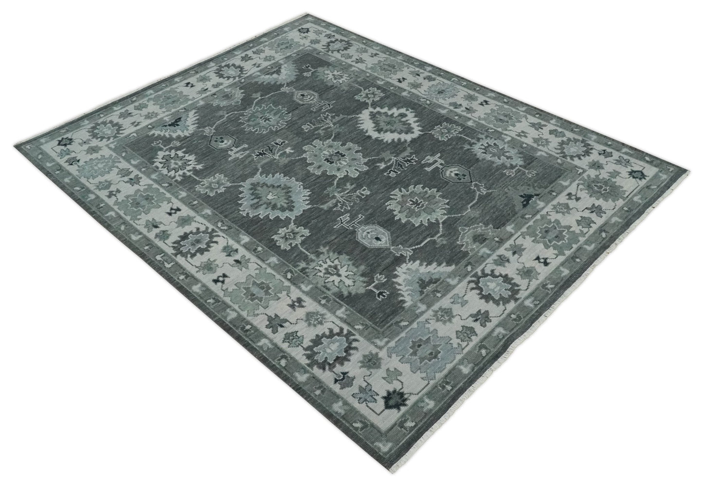 Antique look Charcoal, Ivory and Silver Hand knotted Traditional Oushak Custom Made wool Area Rug