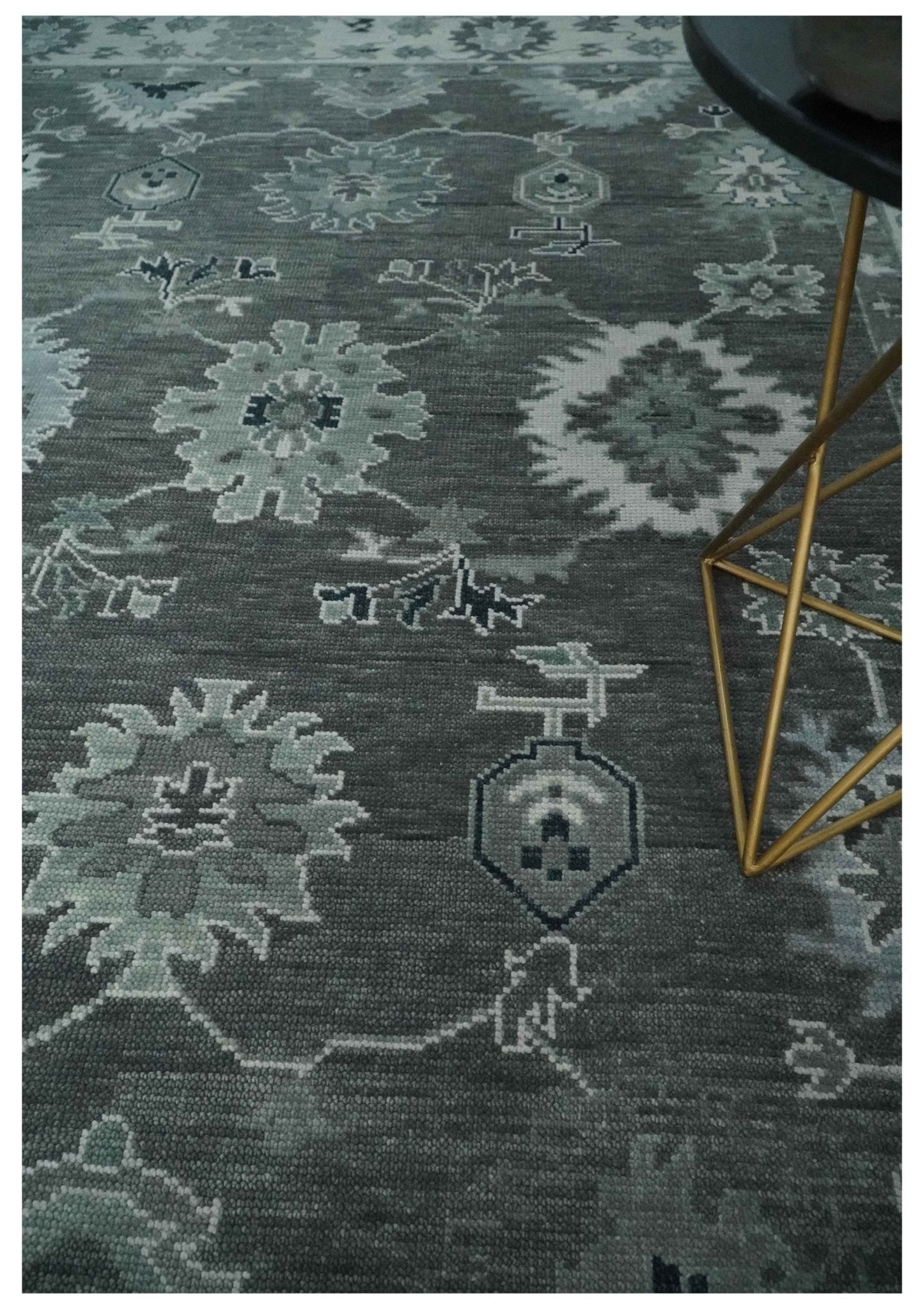 Antique look Charcoal, Ivory and Silver Hand knotted Traditional Oushak Custom Made wool Area Rug